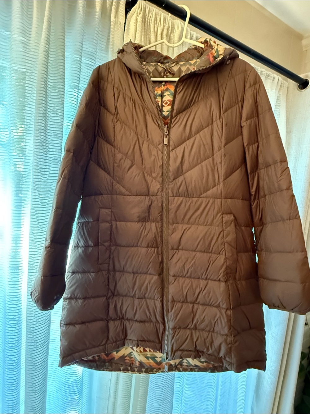 Pendleton Reversible Brown Hooded Puffer Coat with Patterned Lining